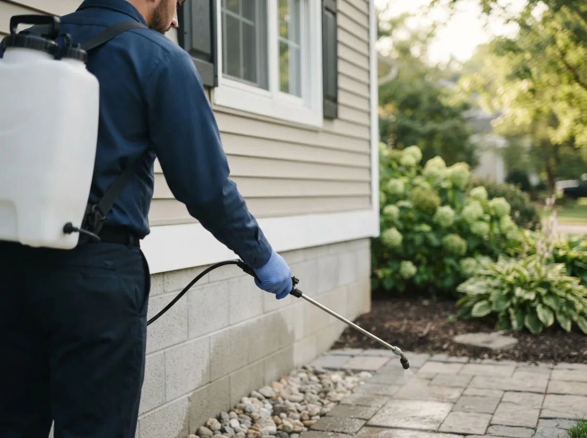 Pest control technician inspecting a home in Transfer, PA